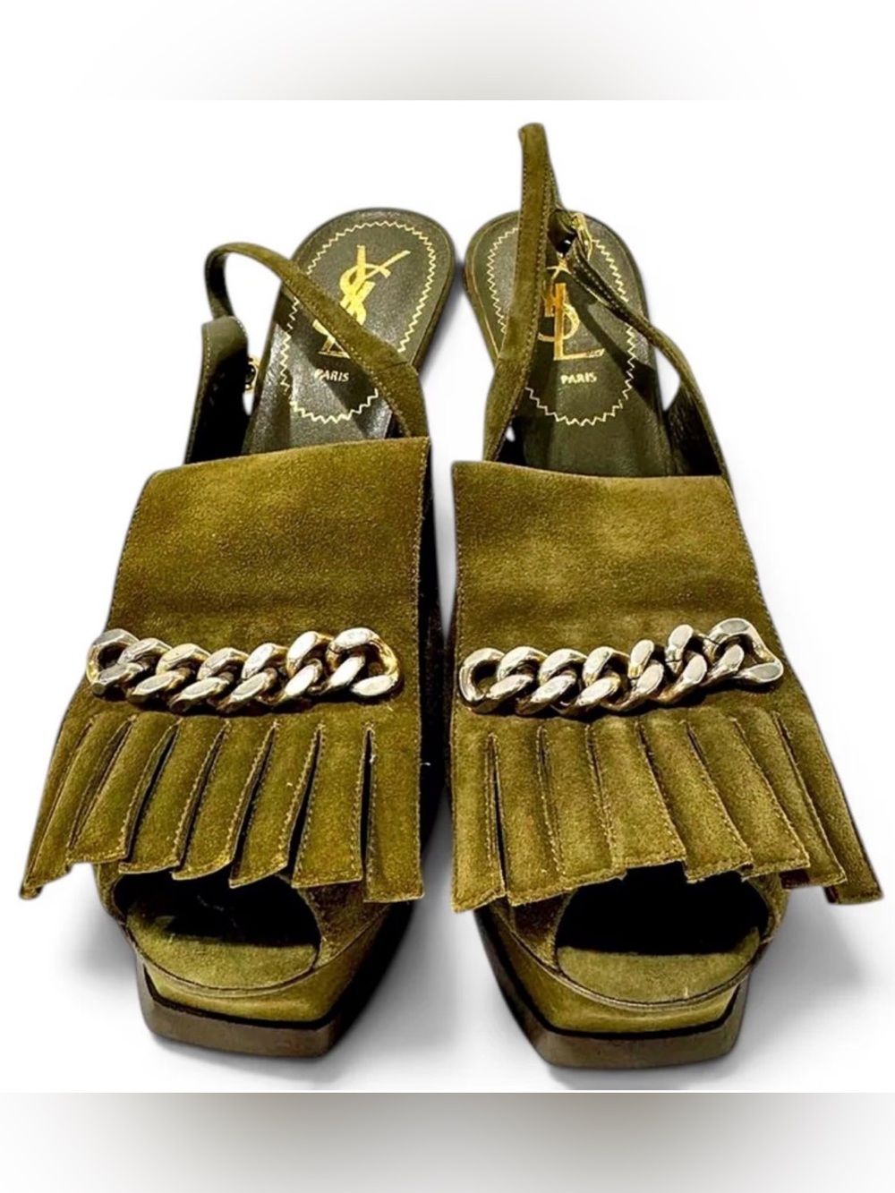 Yves Saint Laurent YSL Tribute Olive Suede Fringe Chain Platform Heels 38.5
